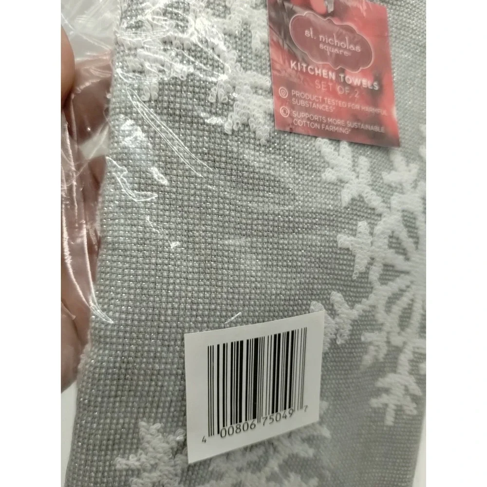 2 New St. Nicholas Square Gray Metallic Snowflake Kitchen Towels Christmas